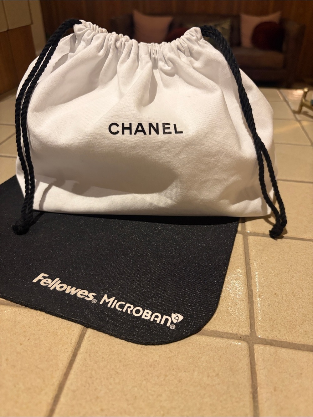 CHANEL White Pouch with Black Drawstrings